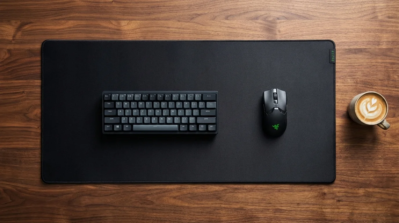 Čierna podložka pod myš Razer Gigantus V2 na drevenom stole s kompaktnou klávesnicou, hernou myšou a šálkou kávy.
