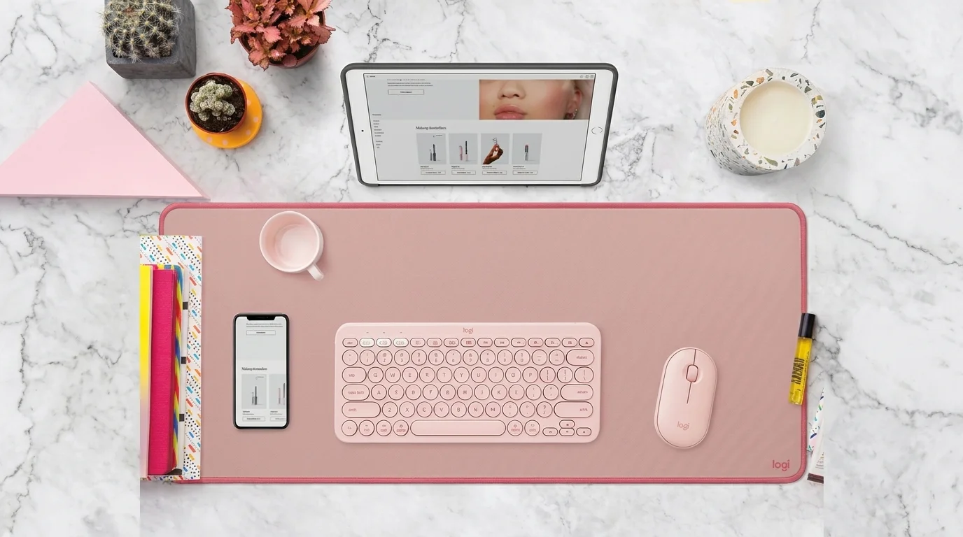 Růžová podložka na stůl Logitech Studio Series s růžovou klávesnicí, myší a telefonem na mramorové desce.
