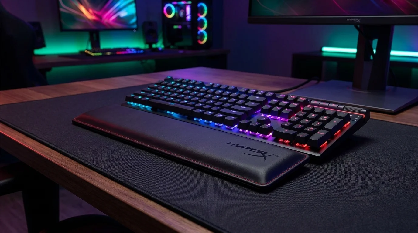 Čierna opierka zápästia HyperX položená pred podsvietenou hernou klávesnicou na stole.