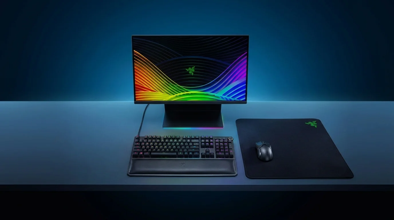 Podložka pod myš Razer Gigantus Elite s položenou myšou na stole vedľa klávesnice a monitora.
