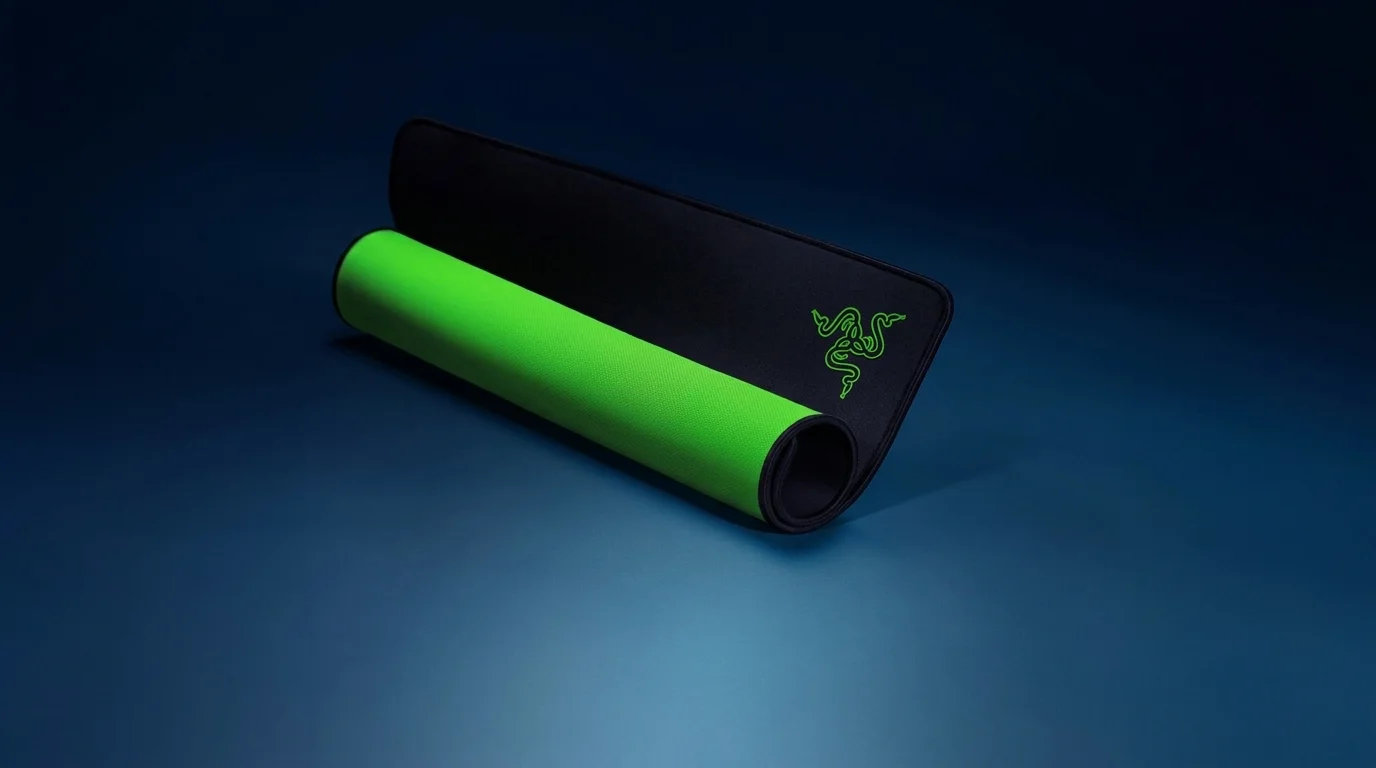 Čiastočne zrolovaná čierna podložka pod myš Razer Gigantus so zeleným logom a jasne zelenou spodnou stranou.
