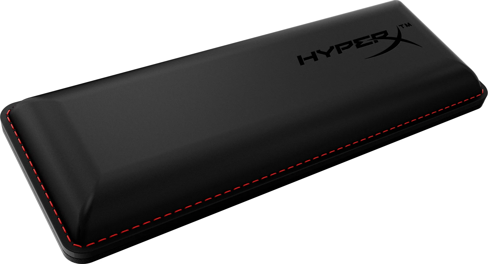 Černá opěrka zápěstí HyperX k myši s červeným obvodovým prošitím a logem HyperX.