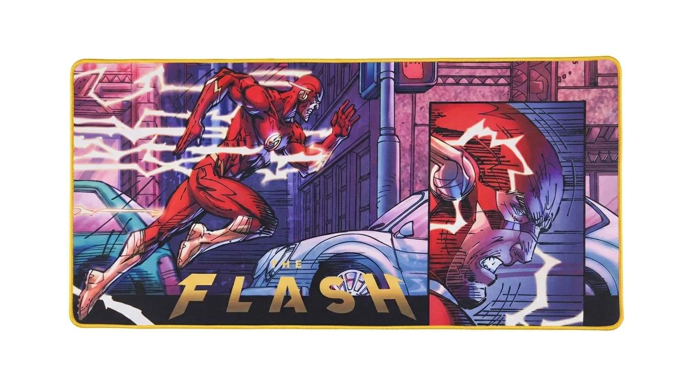 Herní podložka Superdrive s komiksovým motivem běžícího Flashe, nápisem The Flash a žlutě obšitým okrajem.