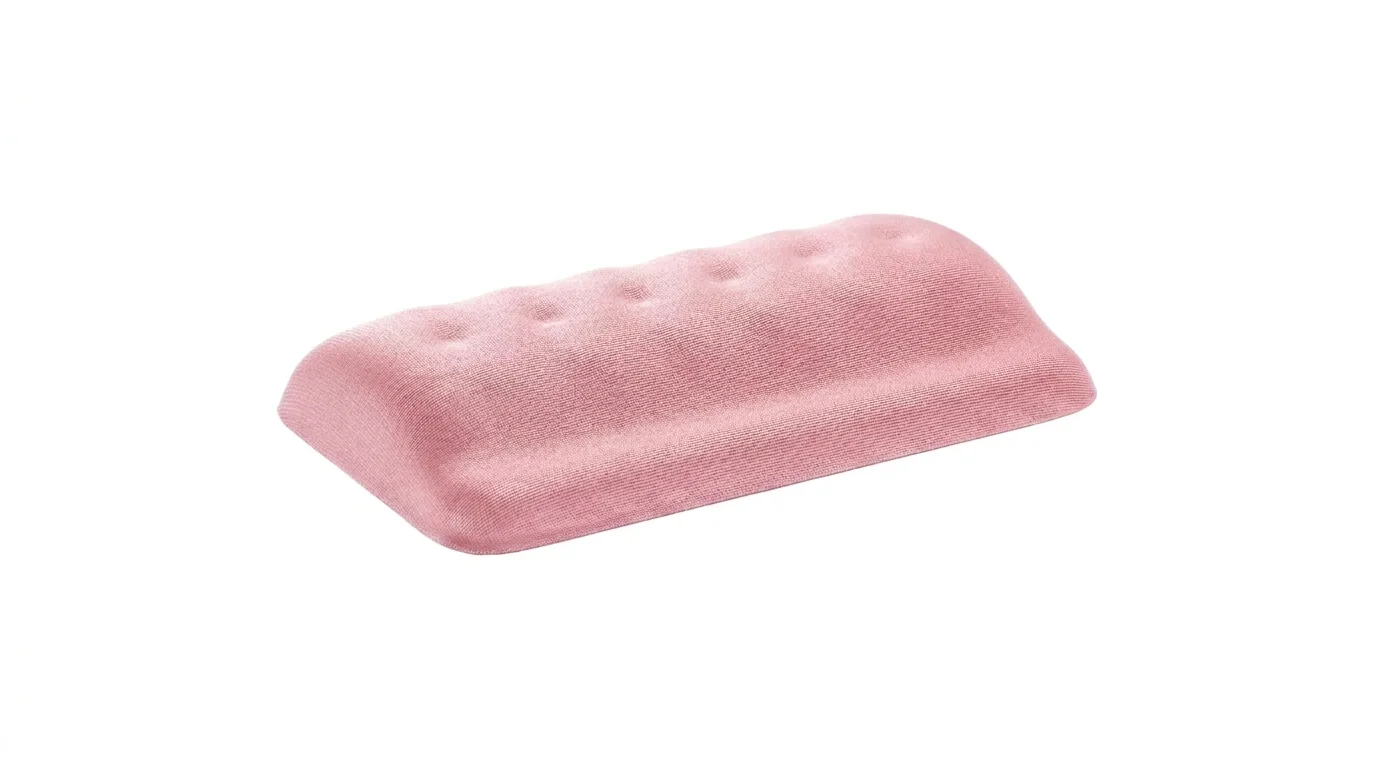 Ergonomická růžová podložka pod zápěstí k myši Powerton Ergoline s tvarovaným textilním povrchem.