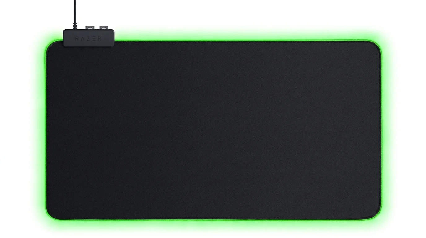 Černá herní podložka pod myš Razer Goliathus Chroma se zeleným RGB podsvícením po celém obvodu a kabelem v horní části.