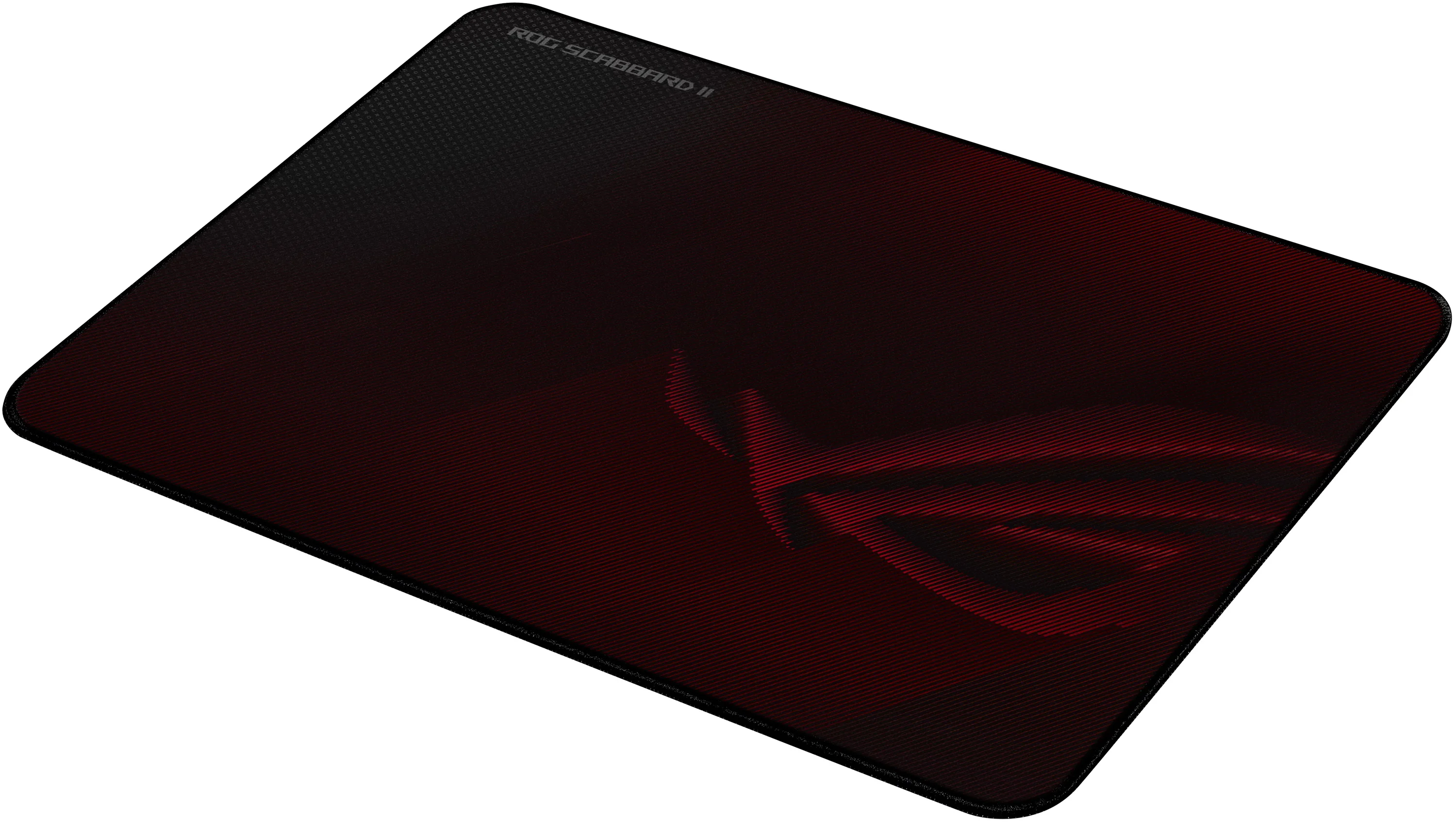 Herná podložka pod myš ASUS ROG Scabbard II v čierno-červenom vyhotovení s logom ROG a obšitými okrajmi.
