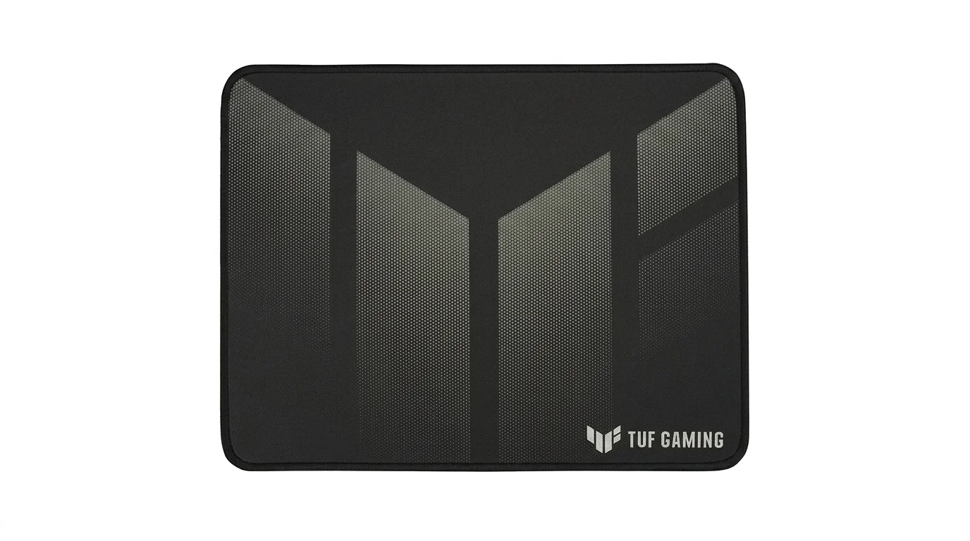 Čierna podložka pod myš ASUS TUF Gaming P1 so sivým geometrickým motívom, obšitými okrajmi a logom TUF Gaming.