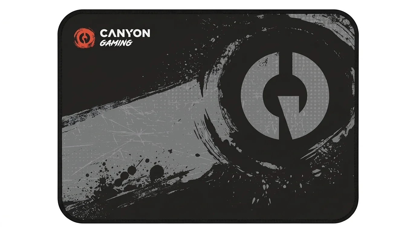 Černá herní podložka pod myš Canyon MP-3 s šedým grafickým motivem, logem Canyon Gaming a obšitými okraji.