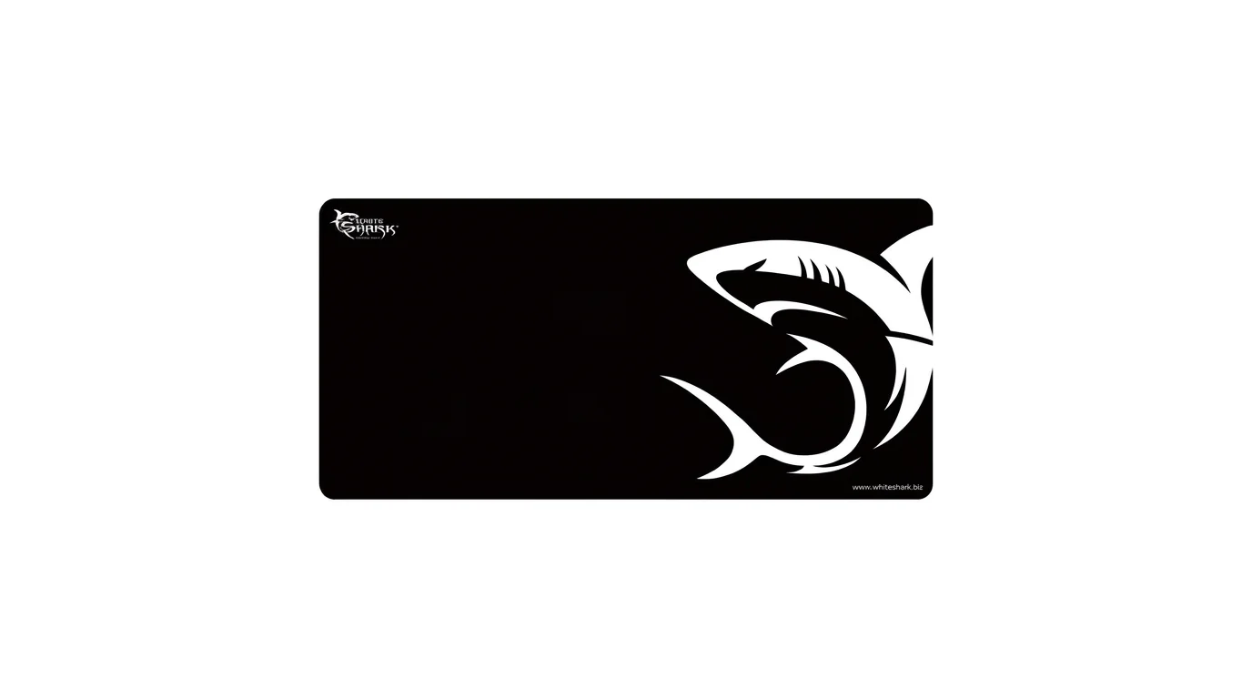 Čierna herná podložka pod myš White Shark TMP-SHARK s bielym motívom žraloka na pravej strane a logom v ľavom hornom rohu.