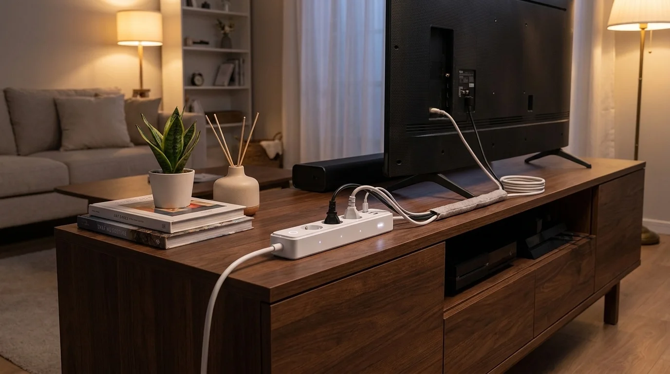 Smart prodlužovací kabel TP-Link Tapo P300 se zapojenými kabely na dřevěném stolku vedle televize.