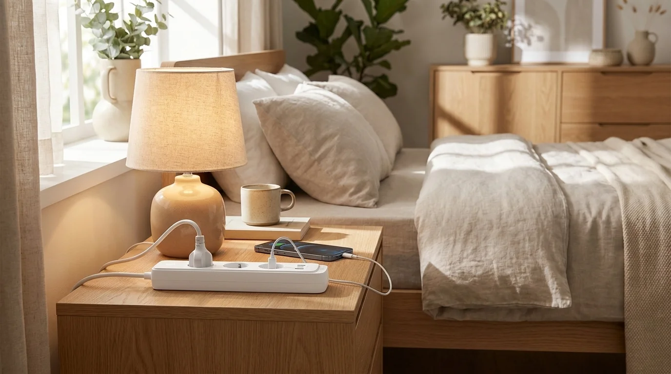 Smart prodlužovací kabel TP-Link Tapo P300 na nočním stolku napájí rozsvícenou lampu a nabíjí mobilní telefon.