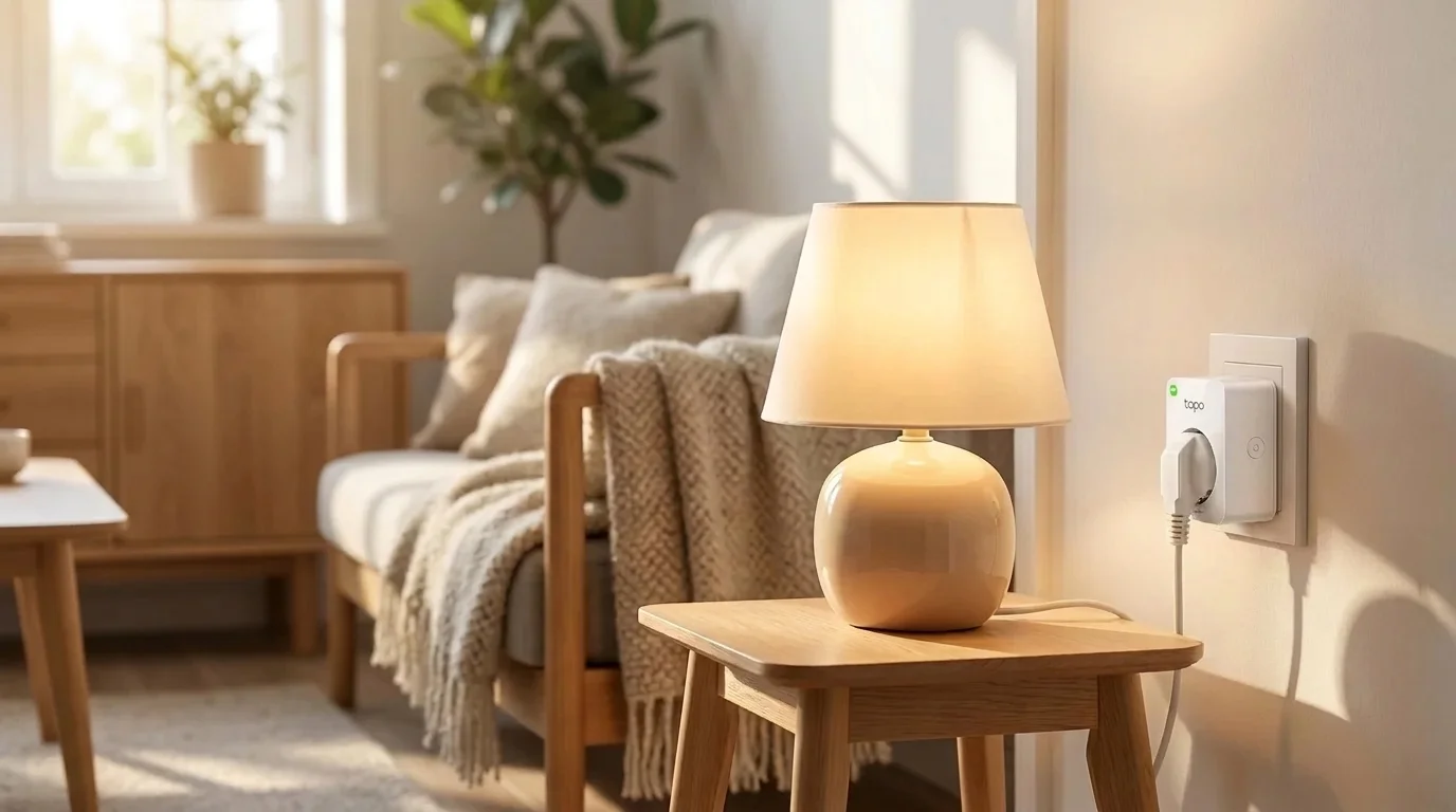 Smart zásuvka TP-Link Tapo P100 zapojená do zásuvky ve zdi napájí rozsvícenou stolní lampu v obývacím pokoji.