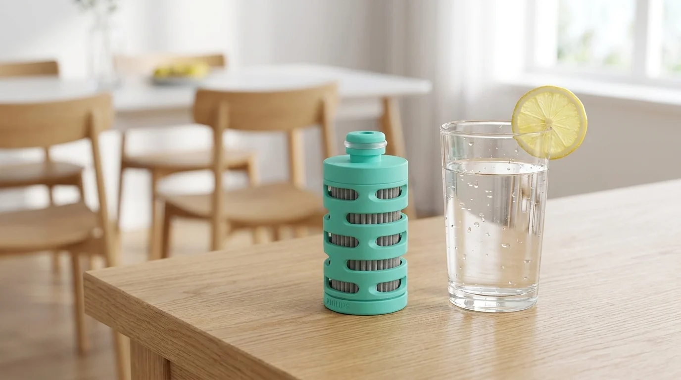 Tyrkysový náhradní filtr Philips GoZero Adventure na dřevěném stole vedle sklenice vody s plátkem citronu.