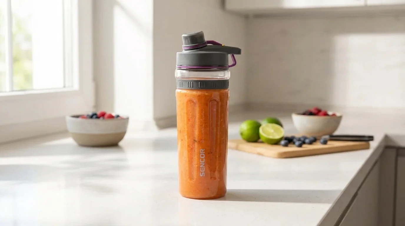 Smoothie láhev Sencor SBB 007VT naplněná oranžovým nápojem stojí na kuchyňské lince vedle čerstvého ovoce.