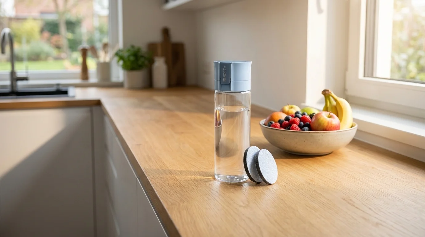 Filtrační láhev BRITA Fill&Go Vita se světle modrým víčkem a dvěma filtry MicroDisc na dřevěné kuchyňské lince.