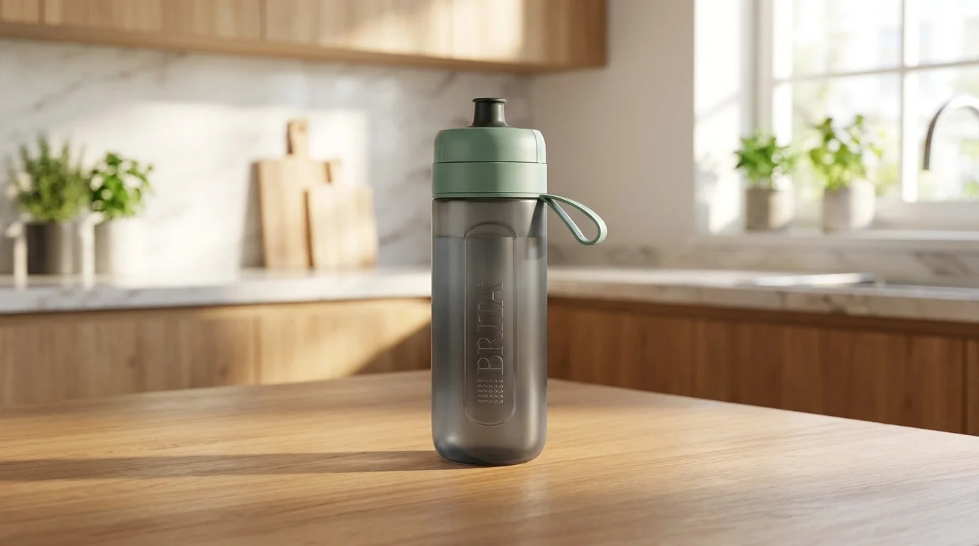 Filtračná fľaša BRITA Fill&Go Active so zeleným viečkom a pútkom stojaca na drevenom stole v kuchyni.