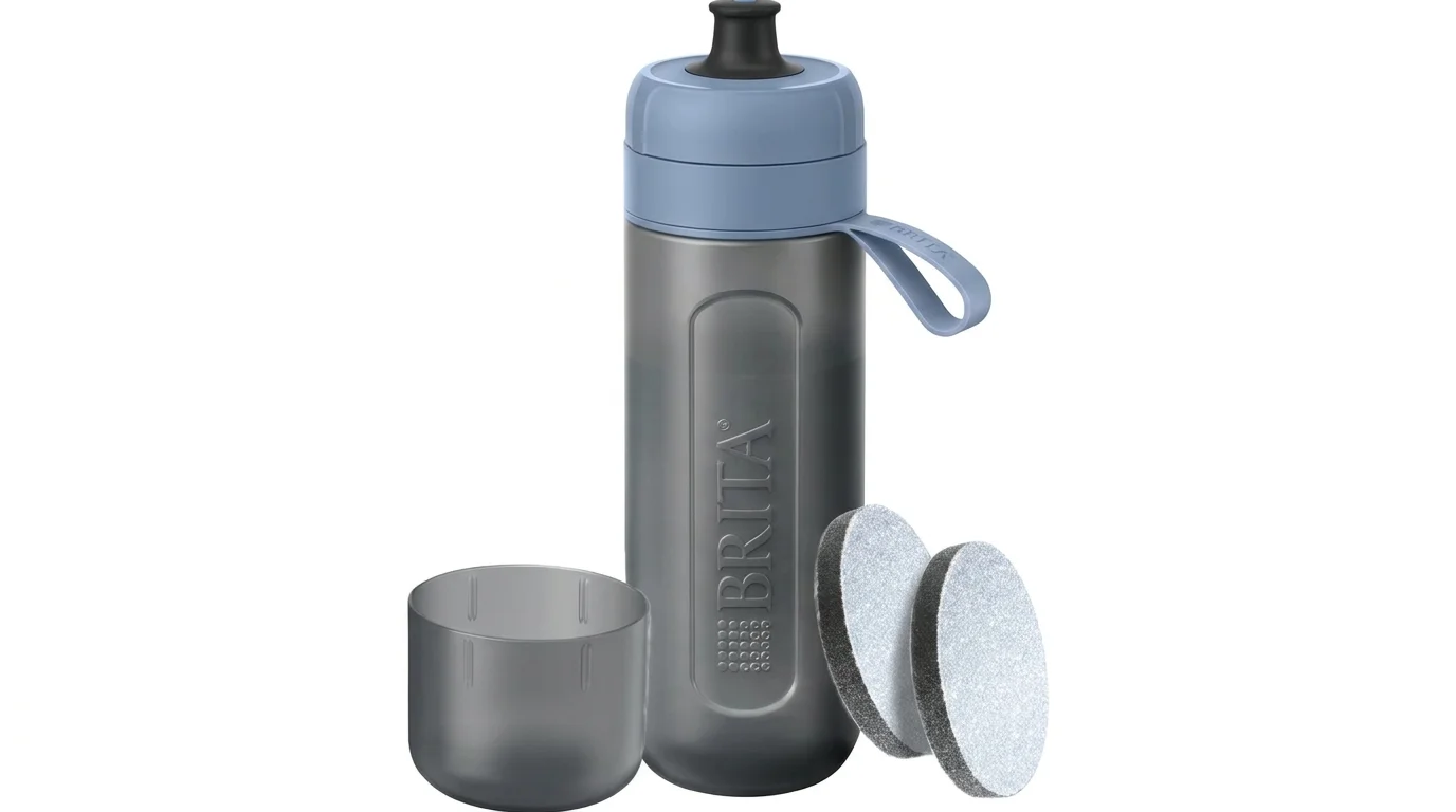 Tmavosivá filtračná fľaša BRITA Fill&Go Active s modrým uzáverom, odnímateľným viečkom a dvoma filtrami MicroDisc.