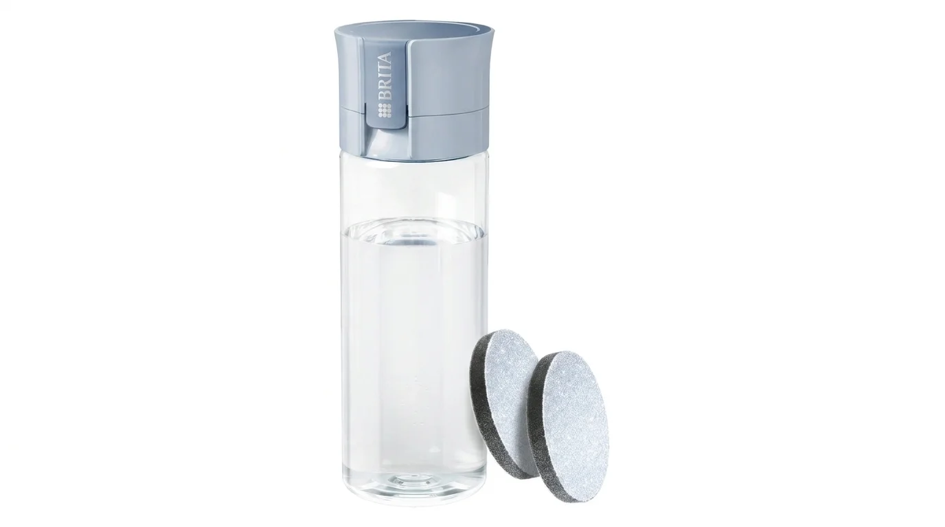 Filtrační láhev BRITA Fill&Go s modrým víčkem naplněná vodou a dva filtrační disky MicroDisc.