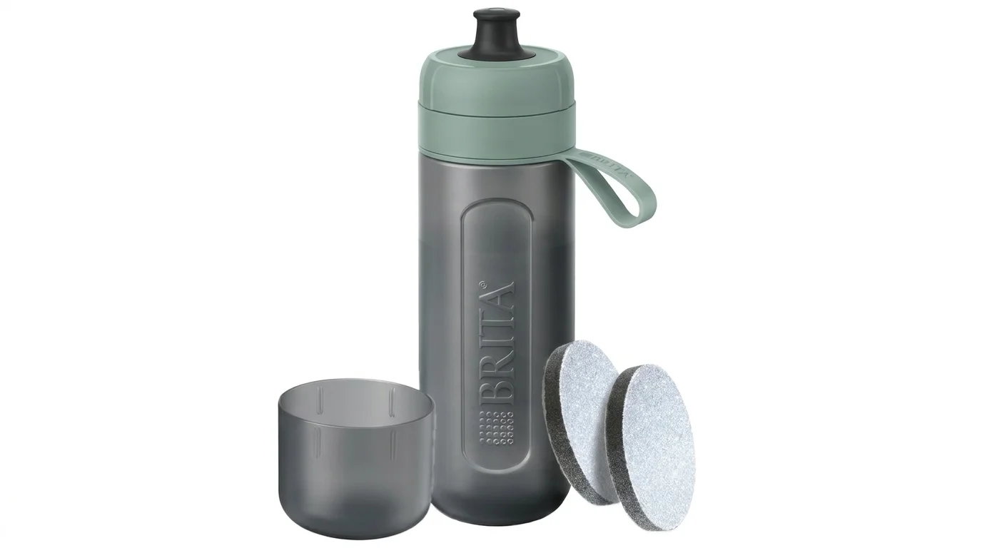Filtračná fľaša BRITA Fill&Go Active so zeleným uzáverom, odnímateľným viečkom a dvoma filtrami MicroDisc.
