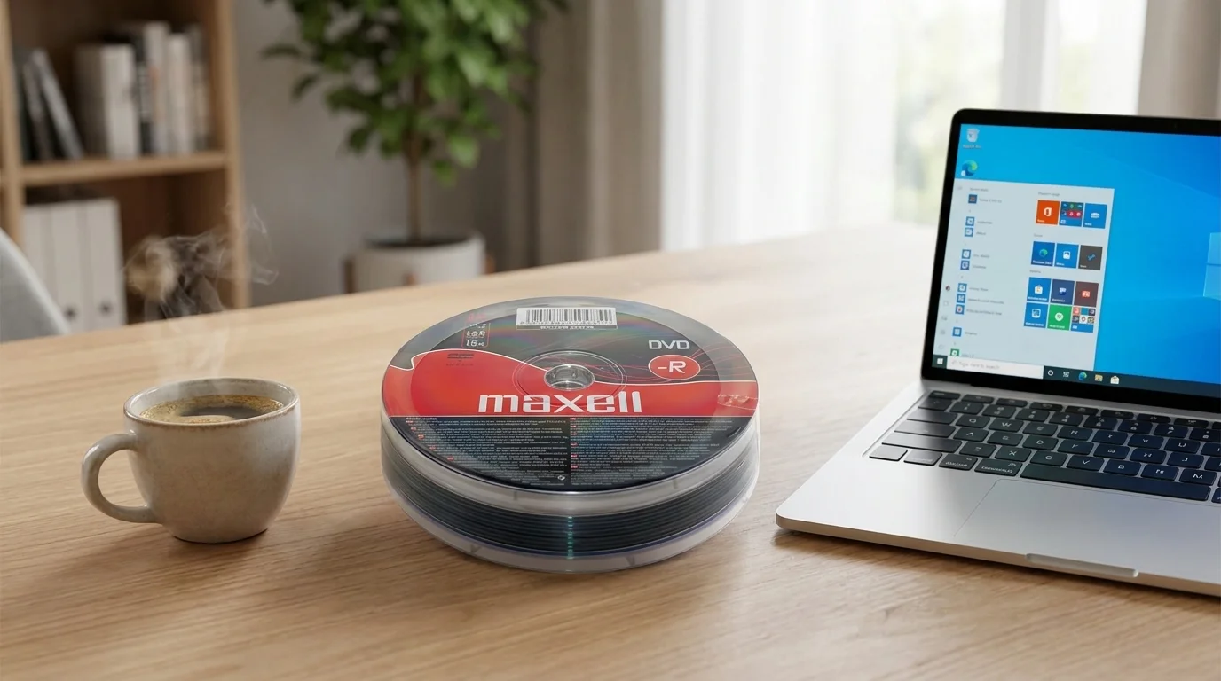Balenie DVD-R diskov Maxell položené na drevenom stole vedľa otvoreného notebooku a šálky kávy.