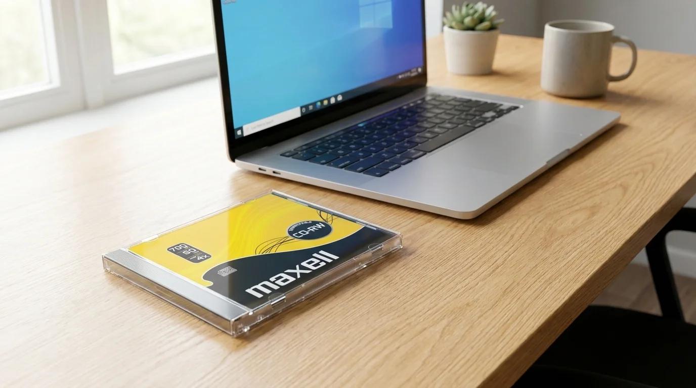 Prepisovateľný CD-RW disk Maxell v plastovom puzdre na drevenom stole vedľa notebooku.