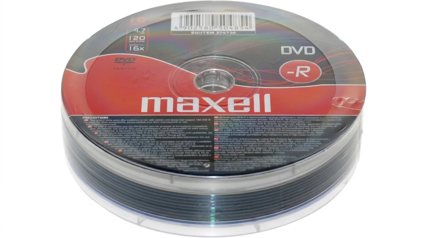 Balenie 10 kusov diskov DVD-R značky Maxell vo fólii s kapacitou 4,7 GB a rýchlosťou zápisu až 16×.