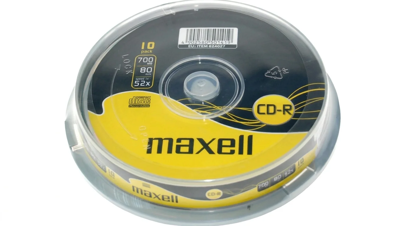 Balení deseti CD-R disků Maxell 700 MB v průhledném ochranném spindle boxu.