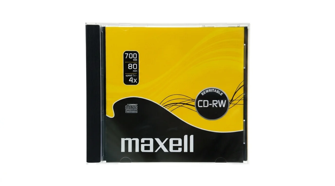 Prepisovateľný disk Maxell CD-RW s kapacitou 700 MB v ochrannom plastovom puzdre Jewel.