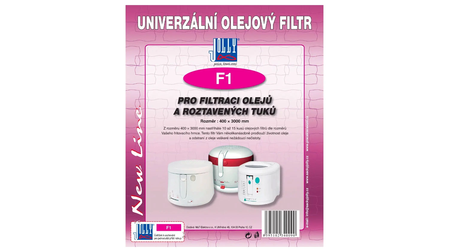Růžový obal univerzálního olejového filtru Jolly F1 pro filtraci olejů a roztavených tuků s obrázkem tří fritéz.