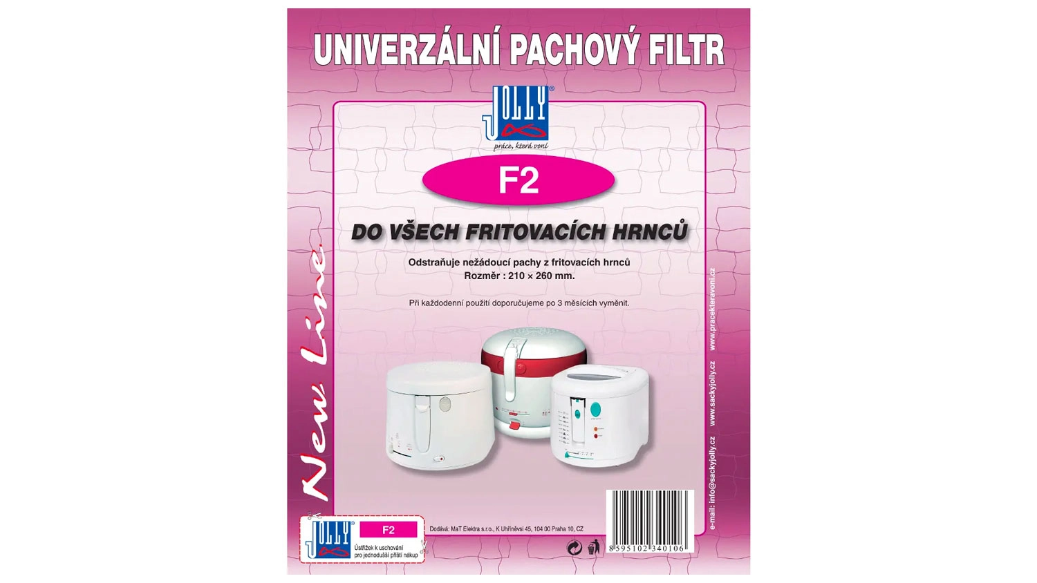Růžové balení univerzálního pachového filtru Jolly F2 do všech fritovacích hrnců s vyobrazením tří fritéz.