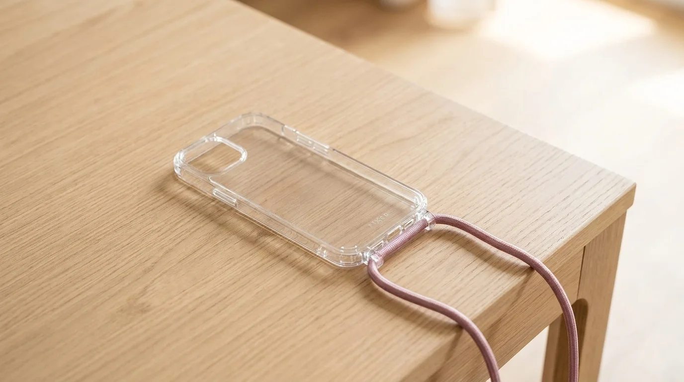 Transparentní kryt FIXED Pure Neck pro iPhone 15 Plus s růžovou šňůrkou položený na dřevěném stole.
