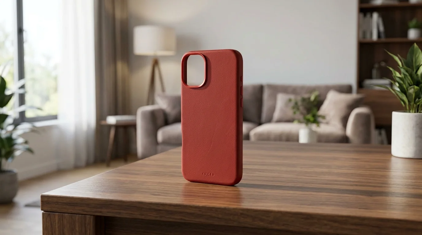 Červený kožený kryt FIXED MagLeather pro iPhone 16 Plus stojí na dřevěném stole v moderním obývacím pokoji.