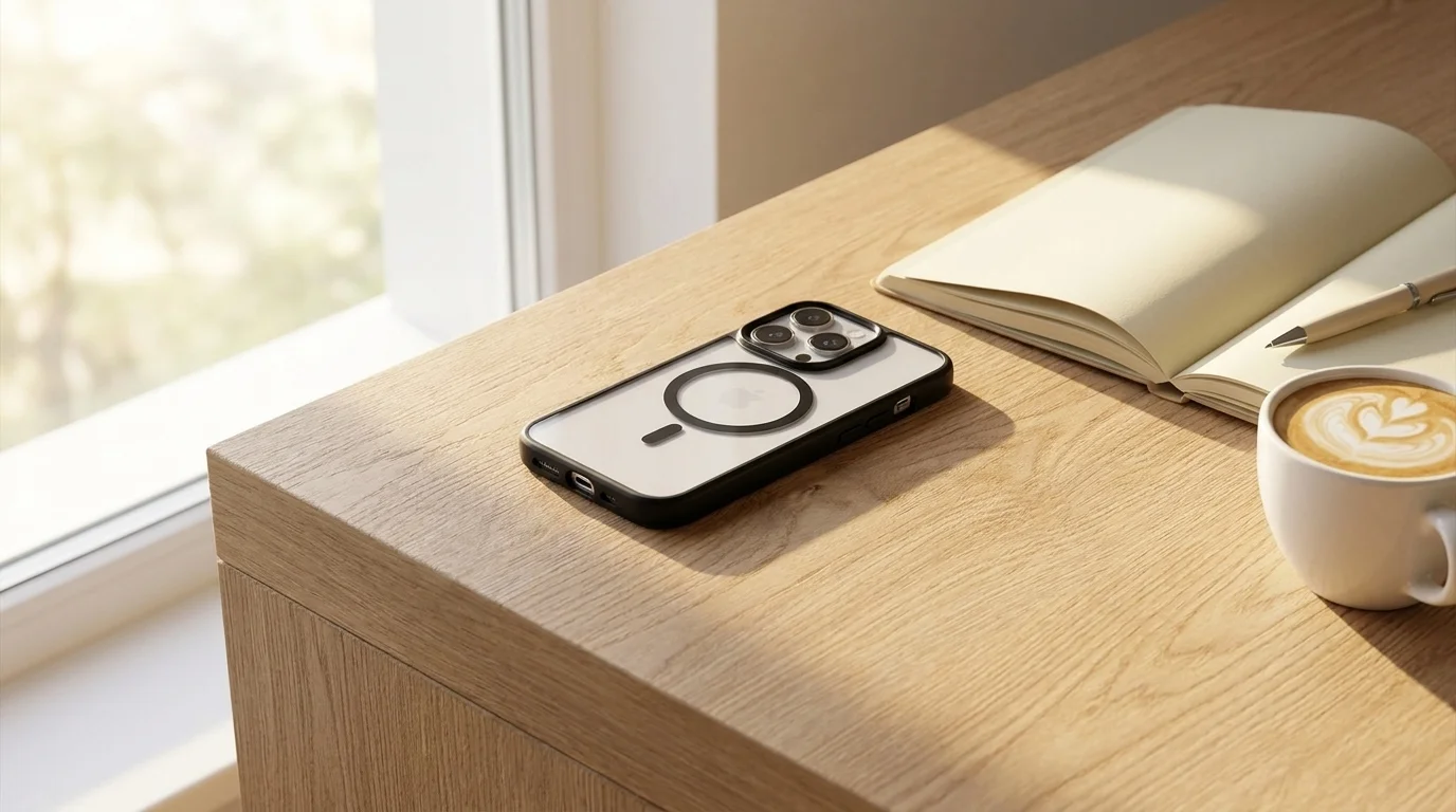 iPhone v černém krytu Epico Hero MagSafe položený na dřevěném stole vedle zápisníku a šálku kávy.