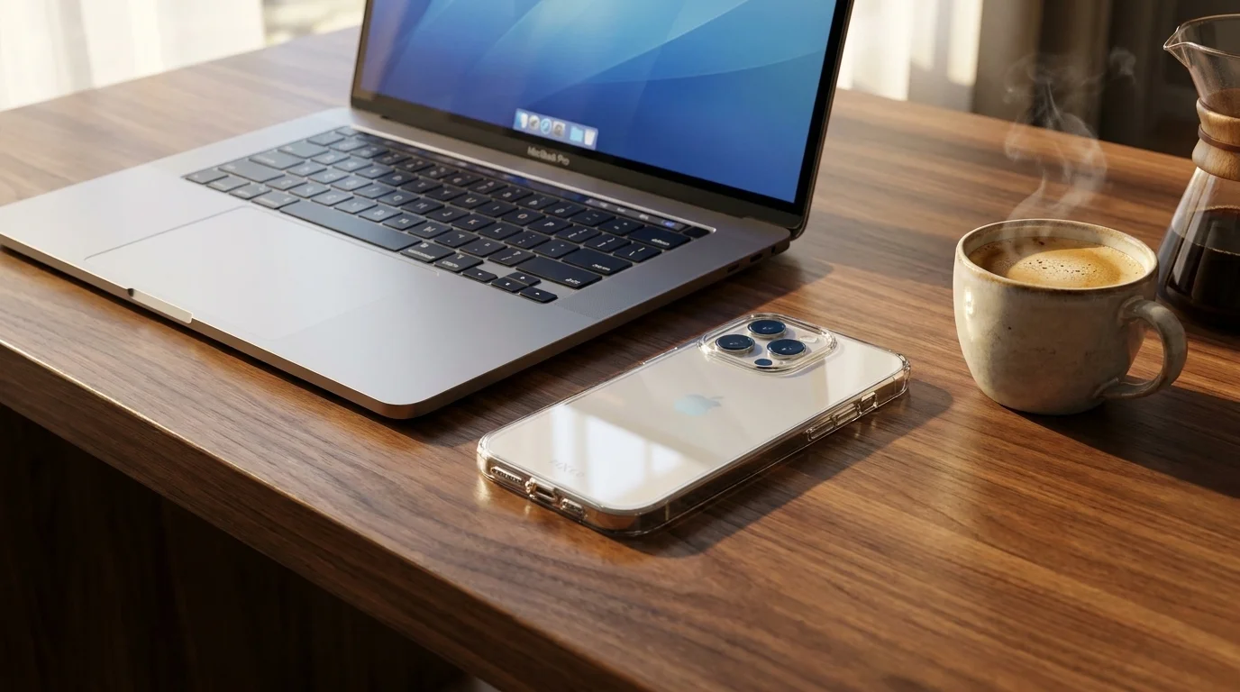 iPhone 16 Pro Max v průhledném krytu FIXED TPU položený na dřevěném stole vedle otevřeného notebooku a šálku kávy.