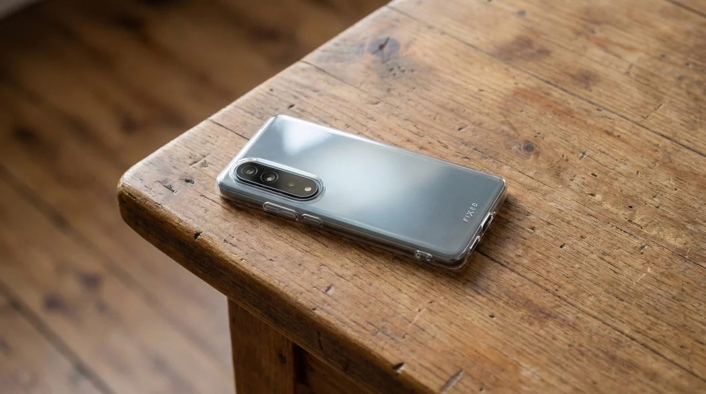 Telefon OnePlus Nord CE 4 Lite 5G v čirém pouzdře FIXED položený na dřevěném stole.