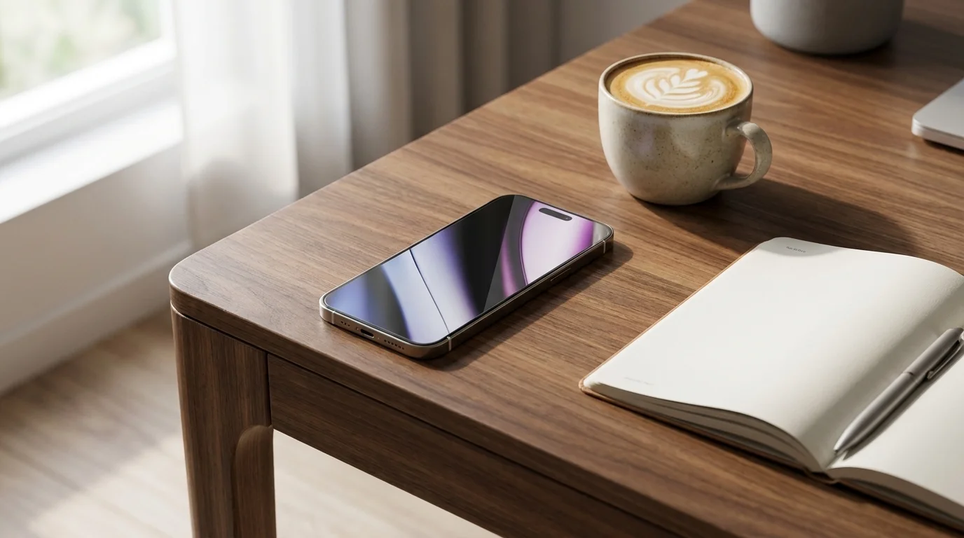 iPhone 16 Pro s ochranným sklem Epico Glass položený na dřevěném stole vedle šálku kávy a otevřeného zápisníku.