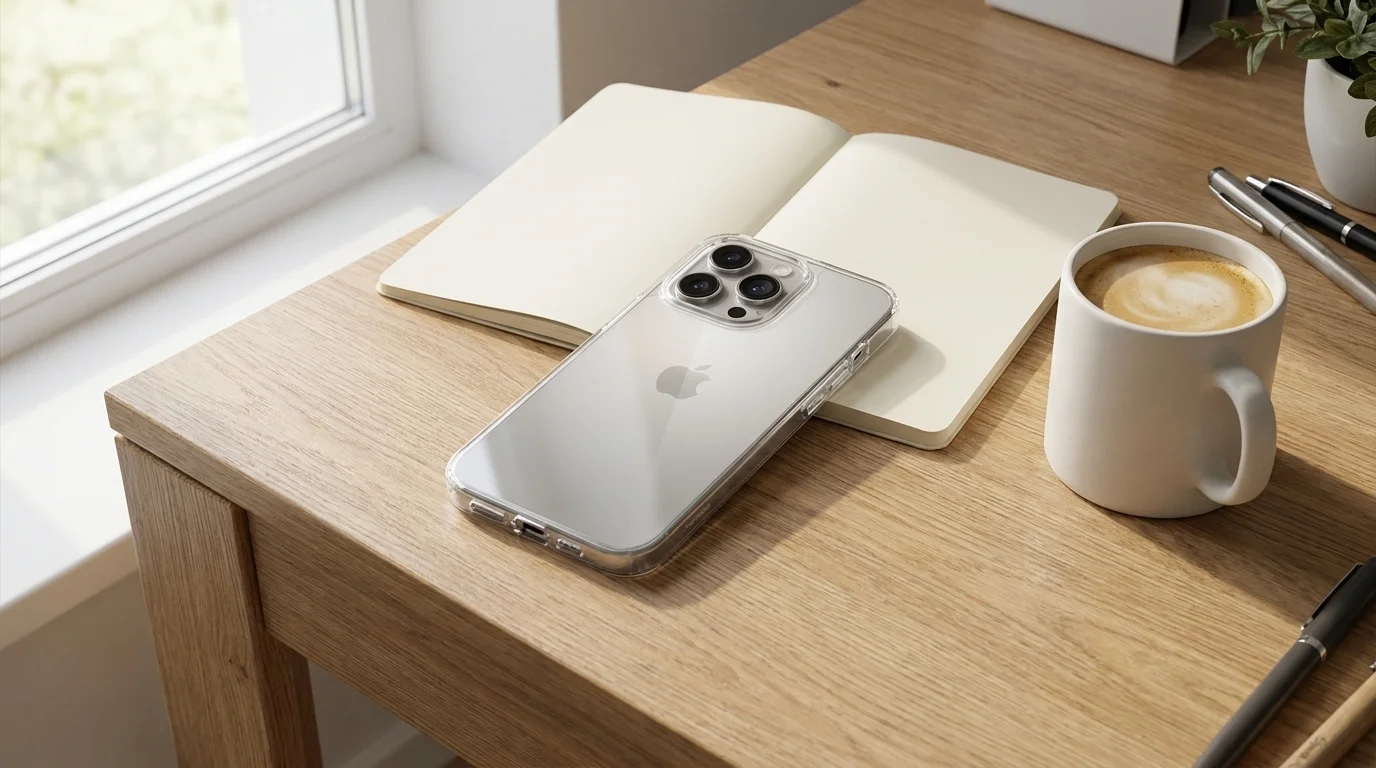 iPhone 16 Pro v průhledném krytu Epico Hero Case položený na otevřeném zápisníku vedle hrnku kávy na dřevěném stole.
