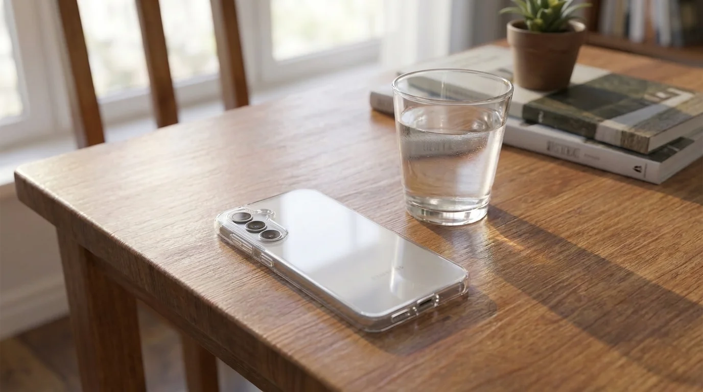 Telefon Samsung Galaxy A16 v průhledném pouzdře FIXED ležící na dřevěném stole vedle sklenice vody.