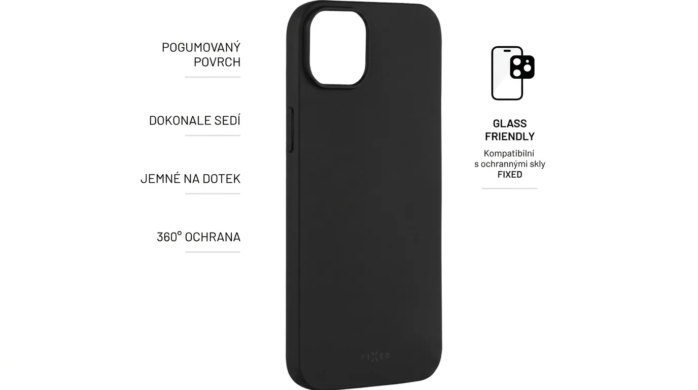 Černý zadní kryt FIXED Story pro iPhone 14 Plus s popisem vlastností, jako je pogumovaný povrch, 360° ochrana a kompatibilita s ochrannými skly.