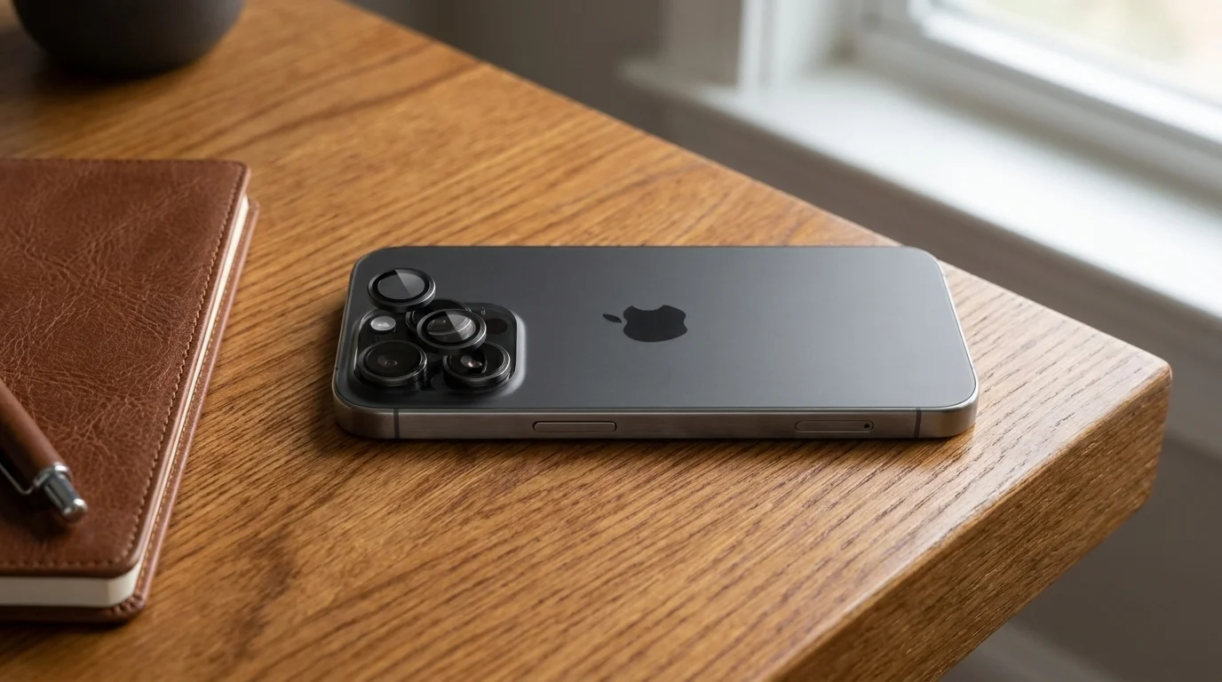 Šedý iPhone s nasazenými ochrannými skly FIXED Camera Glass na čočkách fotoaparátu, položený na dřevěném stole.