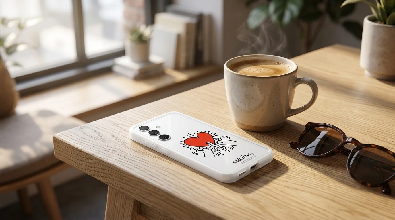 Bílý kryt Flipsuit Case pro Samsung Galaxy S24 s motivem Keitha Haringa na dřevěném stole vedle hrnku kávy a slunečních brýlí.