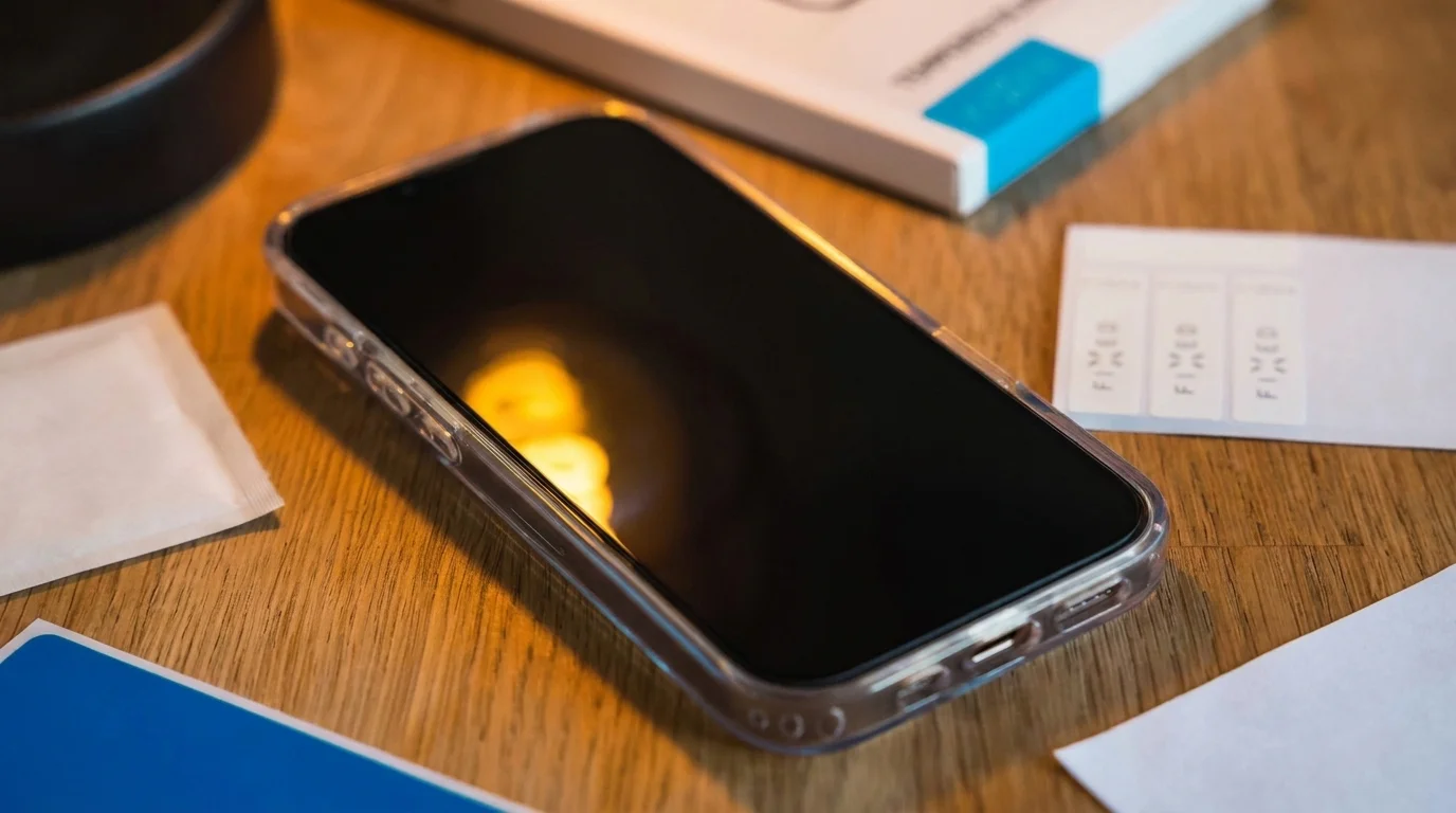 Apple iPhone s ochranným sklem FIXED v průhledném krytu položený na dřevěném stole vedle instalačního příslušenství.