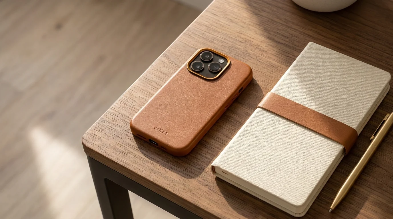 Hnědý kožený kryt FIXED MagLeather na telefonu položeném na dřevěném stole vedle zápisníku a pera.