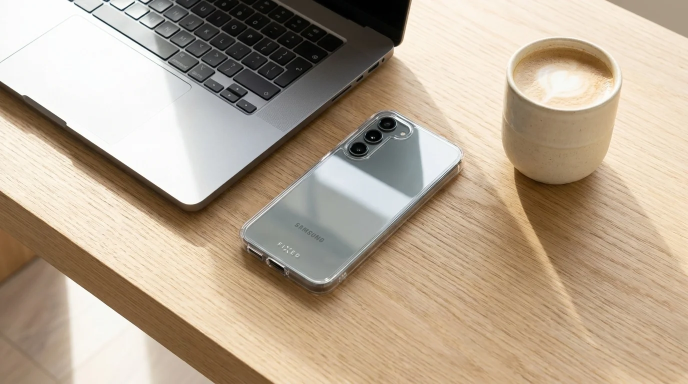Samsung Galaxy S23 v čirém pouzdru FIXED leží na dřevěném stole vedle notebooku a šálku kávy.