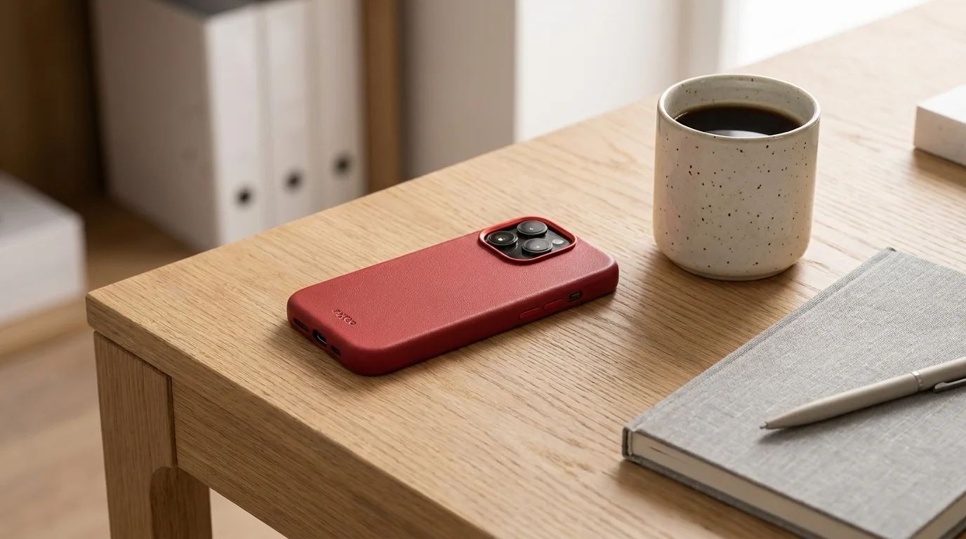 Červený kožený kryt FIXED MagLeather na telefonu iPhone položený na dřevěném stole vedle hrnku a zápisníku.
