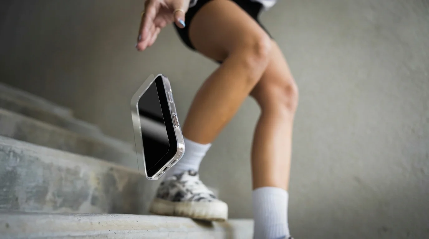 Mobilní telefon Apple iPhone s ochranným sklem padá na betonové schody.