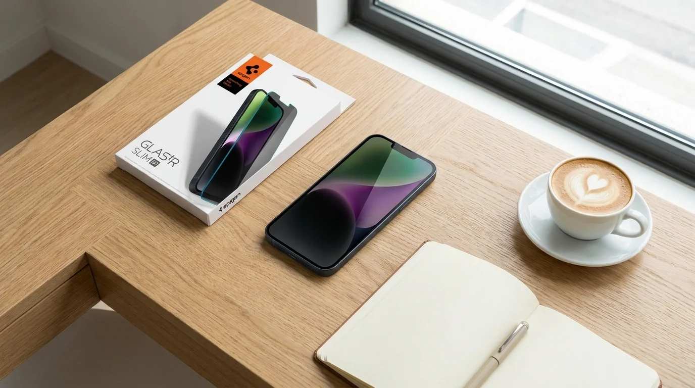Telefon iPhone s ochranným sklem Spigen Glass tR Slim vedle svého balení, šálku kávy a otevřeného zápisníku na dřevěném stole.