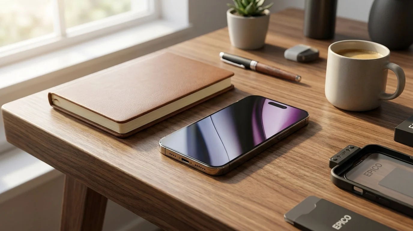 iPhone 16 Pro Max s ochranným sklem Epico Hero 3D Glass položený na dřevěném stole vedle zápisníku a šálku kávy.