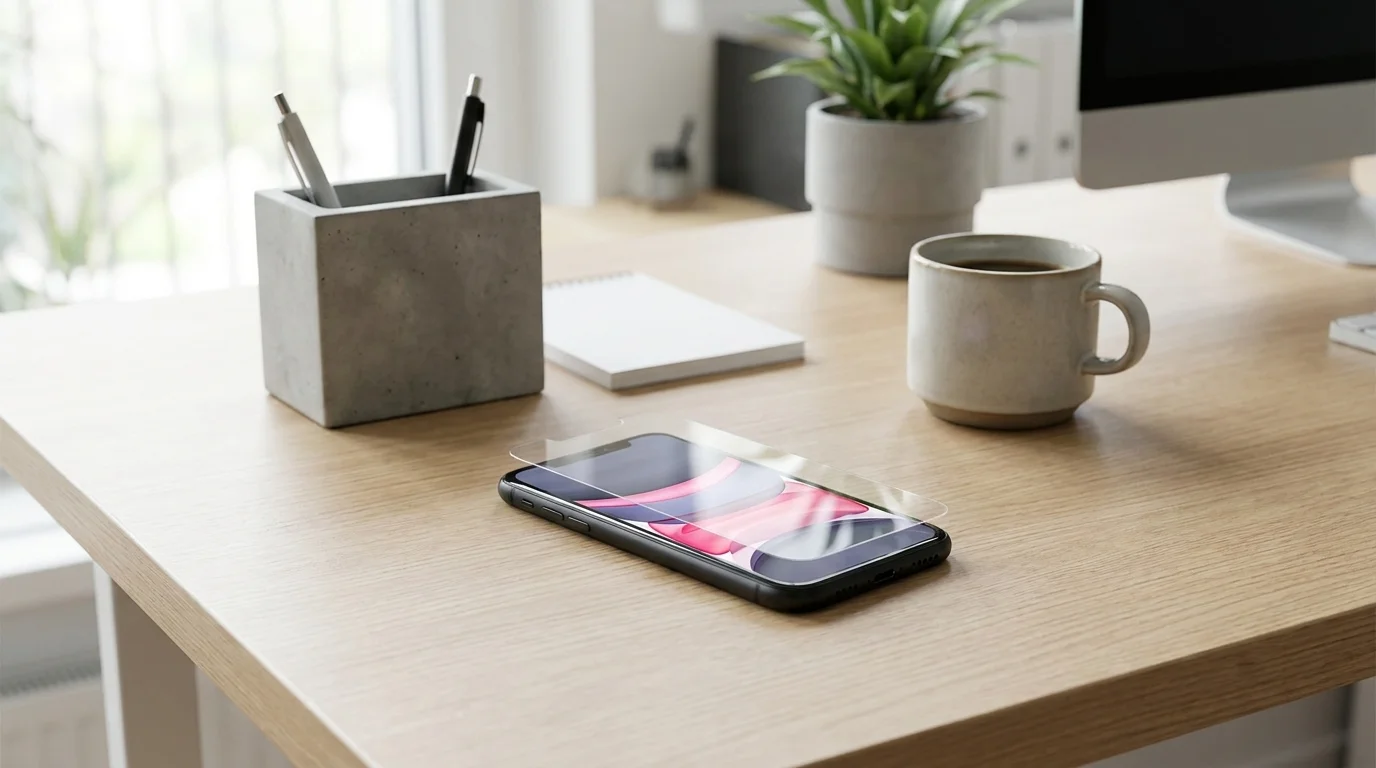 Průhledné ochranné sklo Epico nad displejem iPhonu položeného na dřevěném stole vedle hrnku s kávou.