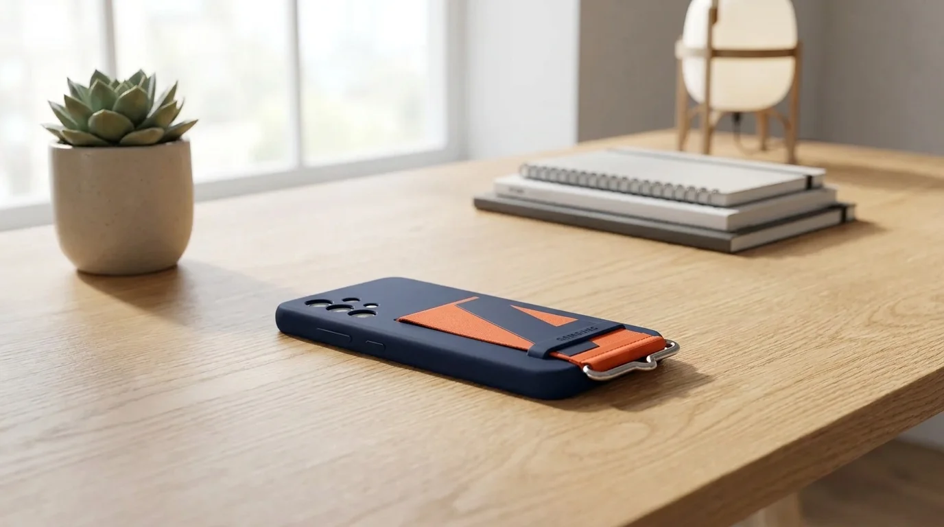 Tmavě modrý kryt Samsung Silicone Cover s oranžovým poutkem položený na dřevěném stole.